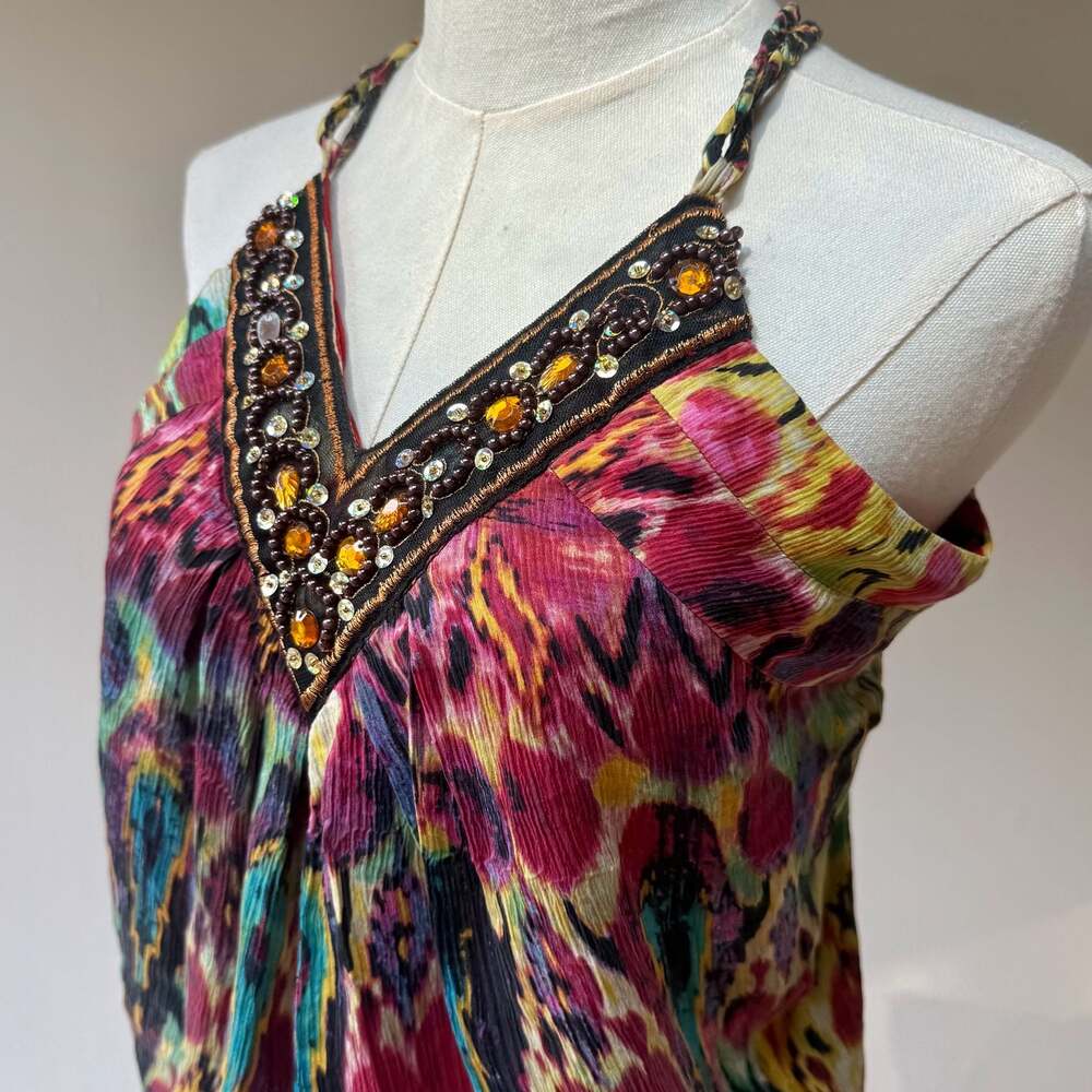 Vintage Y2K 100% Silk Beaded Halter Top Multicolor Boho Blouse Medium